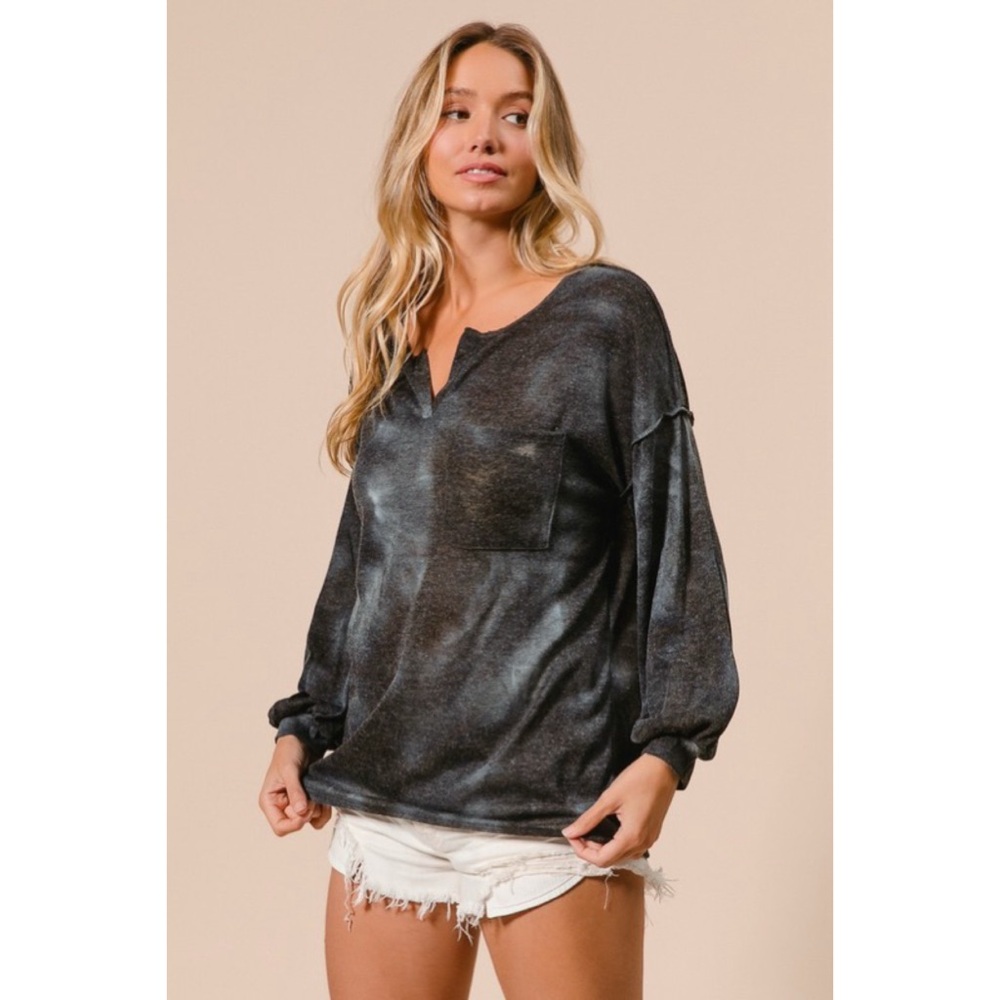 NEW! Bibi Navy/Black Burnout Tie Dye Hacci Knit Top With Bubble Sleeves! - Picture 8 of 8